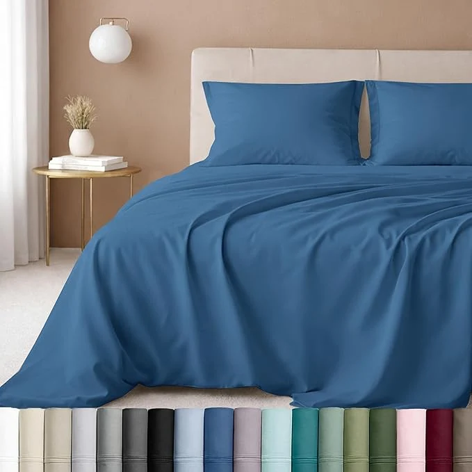 Original California Design Den Natural Cotton Bed Sheets Queen Size Set - Luxury 600 Thread Count Sateen Durable Hotel Quality Fully Elasticized Deep Pocket Bedsheets Queen Size Bed - Parisian Blue Flexible