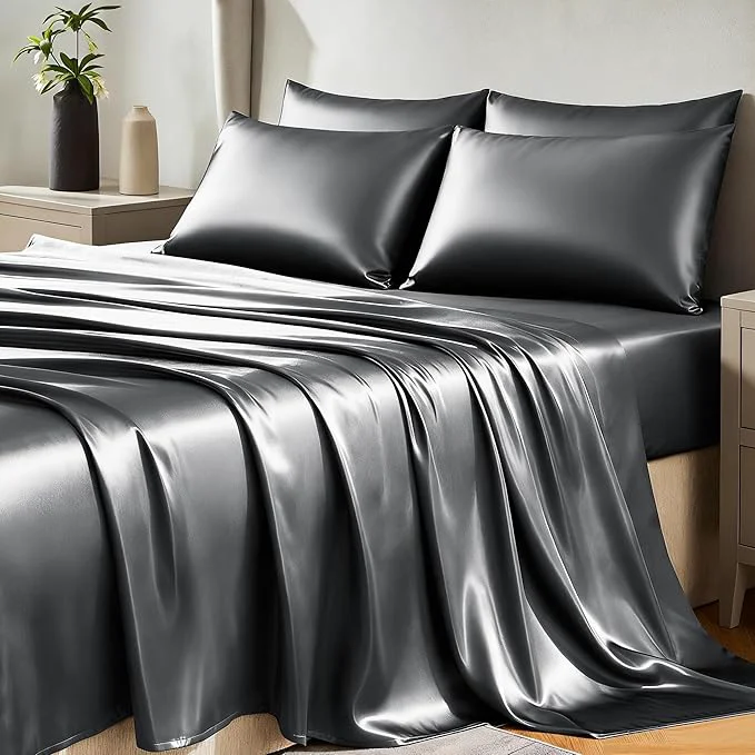 Expertly Made CozyLux Satin Sheets King Size Sheet Set - 6 Piece Silky King Sheets Luxury Dark Grey King Bed Set with Smooth and Soft Microfiber Includes 1 Fitted Sheet 1 Flat Sheet and 4 Pillowcases Innovative