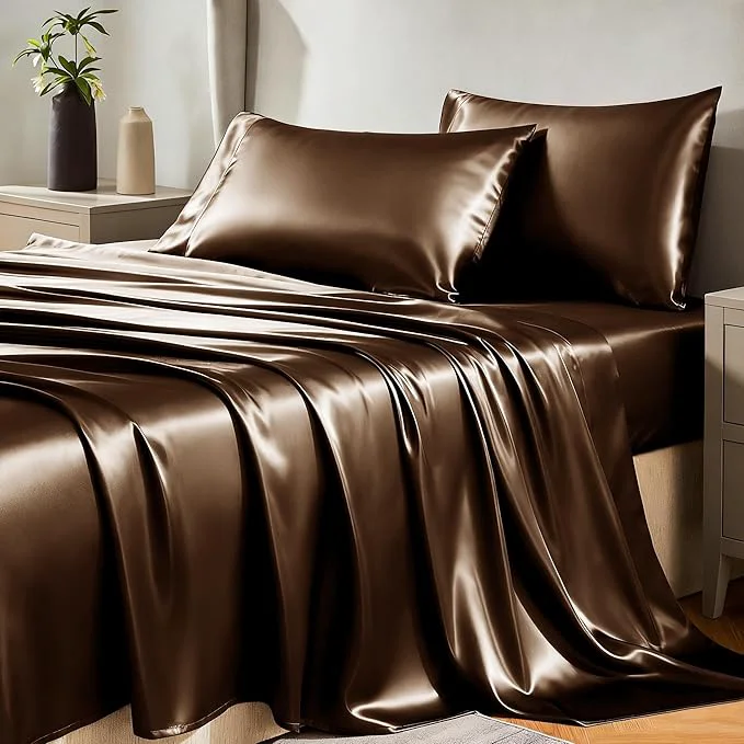 Reliable CozyLux Satin Sheets Full Size Sheets - 4 Piece Silky Full Size Bed Sheets Luxury Brown Full Bed Set with Smooth and Soft Microfiber Includes 1 Fitted Sheet 1 Flat Sheet and 2 Pillowcases Detailed