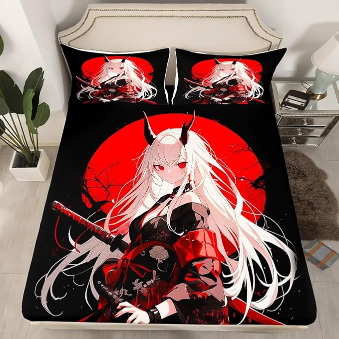 Optimized Erosebridal Full Japanese Anime Bedding Set for Kids Anime Girl Bed Sheets Kawaii Japanese Style Fitted Sheet Cartoon Japan Animation Bed Set for Boys Teen Adult Women Bedroom Red Black Functional
