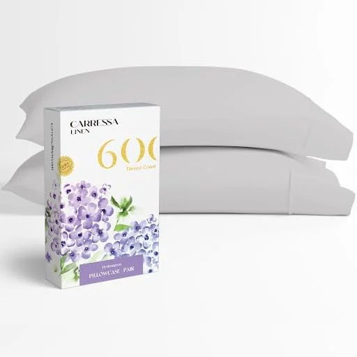 Carressa Linen Egyptian Cotton King Size Pillow Cases Set of 2 - Luxury 600 Thread Count King Pillowcases Silver Silky Soft Cooling Breathable Sateen Weave Hotel Quality Bed Pillow Cover Sustainable