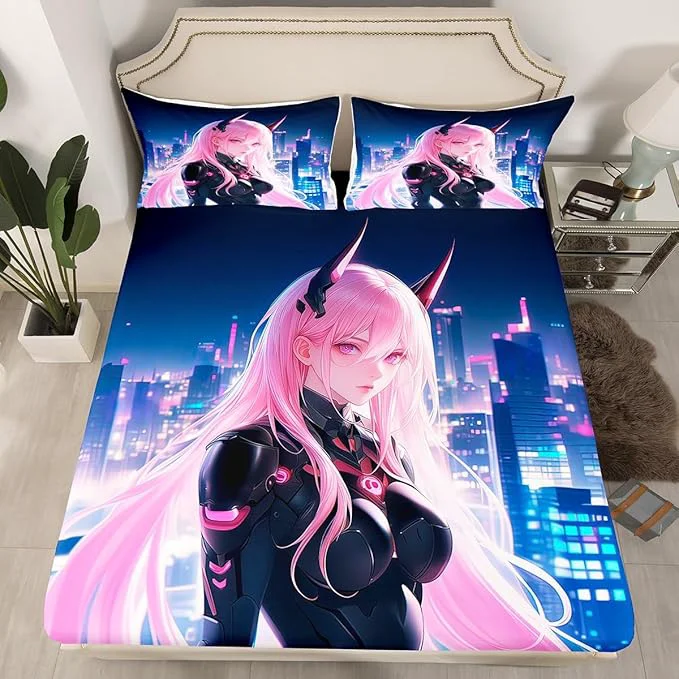 Outstanding Erosebridal Japanese Anime Bed Sheets Twin Size Anime Girl Fitted Sheet Kawaii Japanese Style Bedding Set Cartoon Japan Animation Bed Set for Boys Teens Adult Women Bedroom Decor Enhanced
