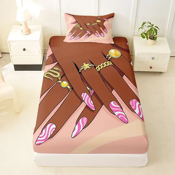 Functional Erosebridal Romantic Makeup Themed Fitted Sheet Twin Size for Girls Fashion Girlish Bedding Set Black Girls Bed Sheets for Kids Teens Adult Women Bedroom Afro Vogue Princess al Sheets Clean