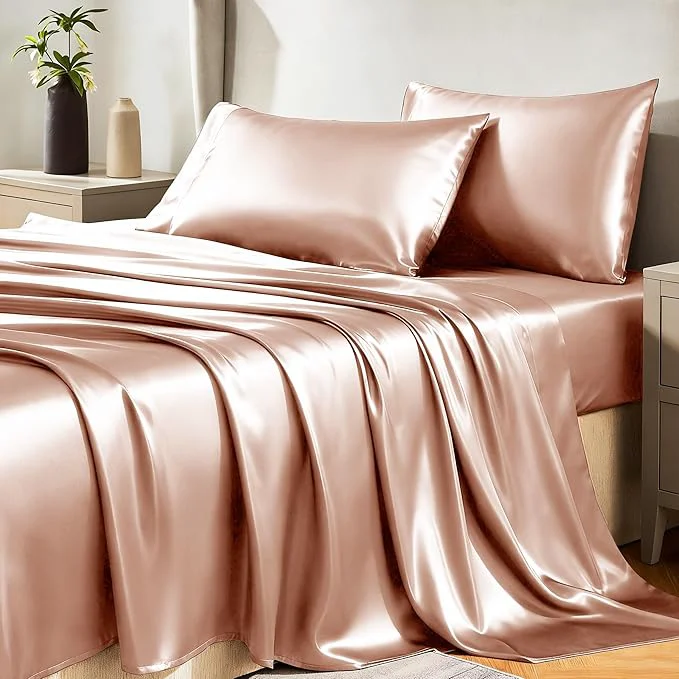 Next-Generation CozyLux Satin Sheets Full Size Sheets - 4 Piece Silky Full Size Bed Sheets Luxury Salmon Pink Full Bed Set with Smooth and Soft Microfiber Includes 1 Fitted Sheet 1 Flat Sheet and 2 Pillowcases Responsible