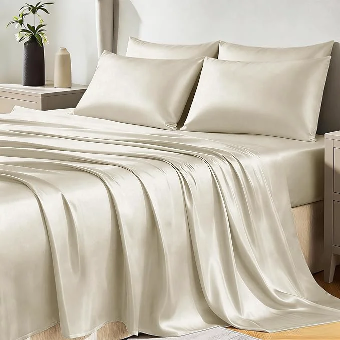 Enhanced CozyLux Satin Sheets Queen Size Bed Set - 6 Piece Silky Queen Sheet Set Luxury Beige Queen Sheets with Smooth and Soft Microfiber Includes 1 Fitted Sheet 1 Flat Sheet and 4 Pillowcases Quality