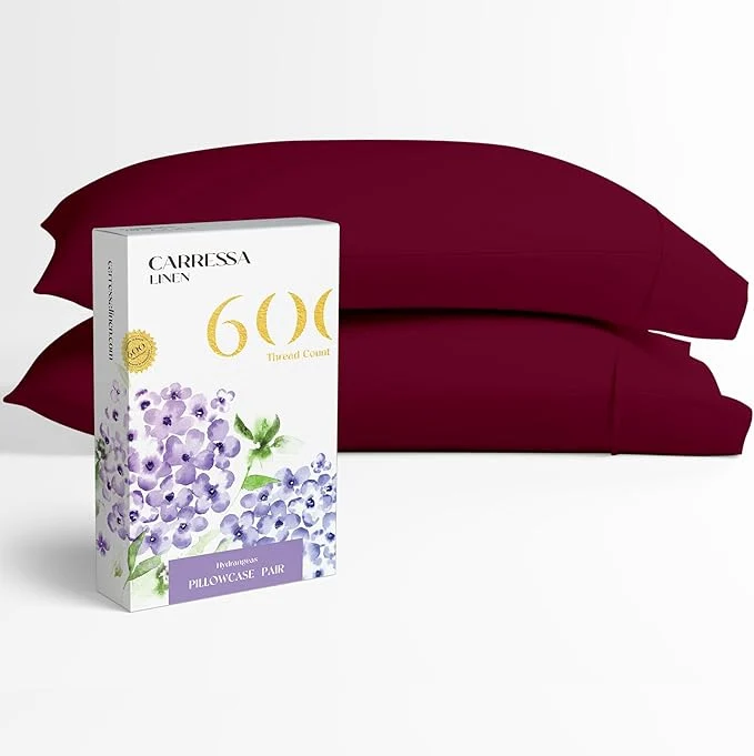 Outstanding Carressa Linen Egyptian Cotton Pillow Cases Standard Size Set of 2 - Luxury 600 Thread Count Queen Standard Pillowcases Classic Burgundy Soft Cooling Extra Long Staple Hotel Pillow Covers Long-Lasting