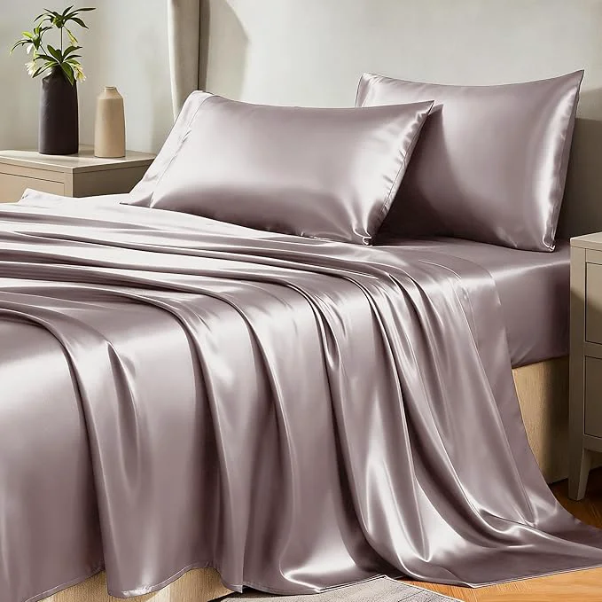 Clean CozyLux Satin Sheets King Size Sheet Set - 4 Piece Silky King Sheets Luxury Dusty Purple King Bed Set with Smooth and Soft Microfiber Includes 1 Fitted Sheet 1 Flat Sheet and 2 Pillowcases Crafted