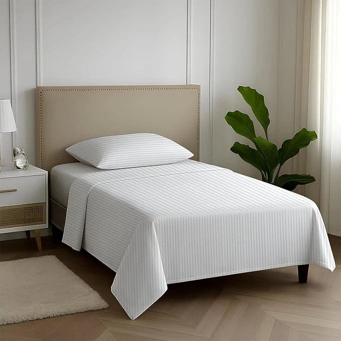 Original Carressa Linen Luxury Egyptian Cotton Twin Stripe Sheet Set - 600 Thread Count Extra Long Staple 3 PC Set Crisp White Twin Damask Sheets Soft Cooling Sateen Weave Sheets Upto 18 in Deep Pocket Official
