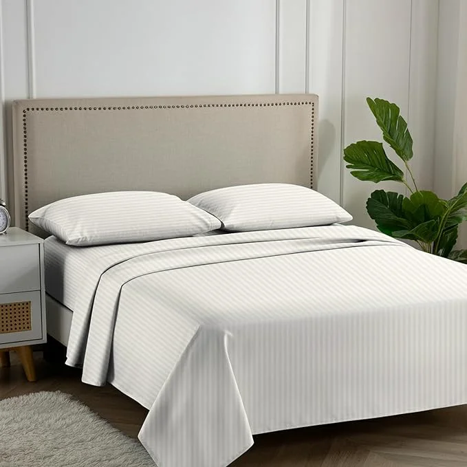 Expertly Made Carressa Linen Luxury Egyptian Cotton Full Stripe Sheet Set - 600 Thread Count Extra Long Staple 4 PC Set Ivory Full Damask Sheets Soft Cooling Sateen Weave Sheets Upto 18 in Deep Pocket Contemporary