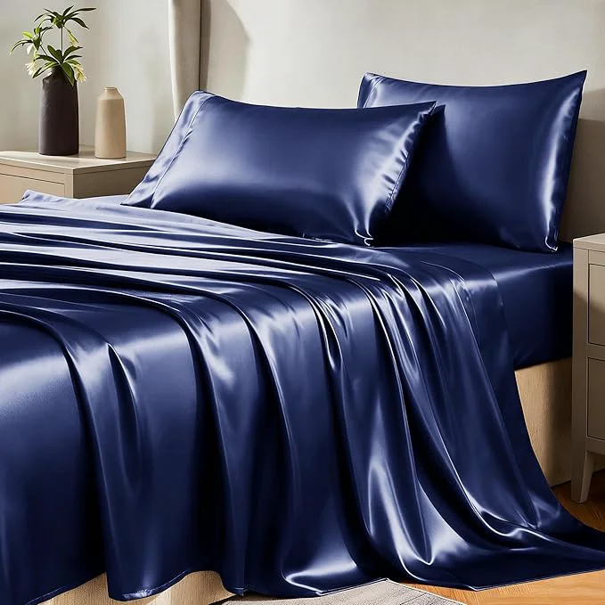 Environmentally Friendly CozyLux Satin Sheets Queen Size Bed Set - 4 Piece Silky Queen Sheet Set Luxury Navy Blue Queen Sheets with Smooth and Soft Microfiber Includes 1 Fitted Sheet 1 Flat Sheet and 2 Pillowcases Original Design