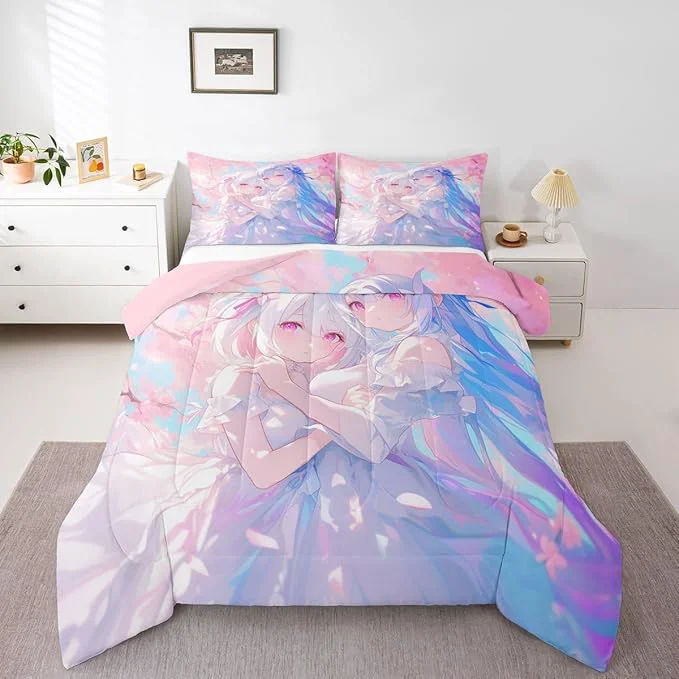 Optimized Erosebridal 3D Kawaii Girly Bedding Queen Size Japanese Girl Comforter Set for Kids Toddler Girls Cherry Blossoms Bedding Comforter Sets Watercolor Romance Duvet Set Happy Friendship Down Comforter Innovative