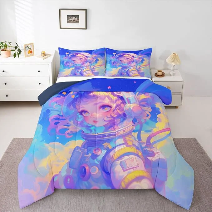 Top-Quality Erosebridal Watercolor Anime Girl Bedding 3D Anime Comforter Set Cosmo Galaxy Sci-Fi Virtual ity Full Bed Comforter Set for Boys Girls Graffti Stars Print Duvet Insert Efficient