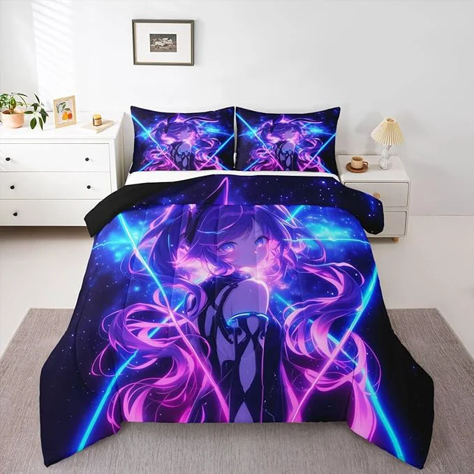 Organic Erosebridal 3D Anime Kids Bedding Japanese Girl Full Comforter Sets Girly Galaxy Stars Comforter Purple Neon Duvet Insert with 2 Pillow Cases Exclusive