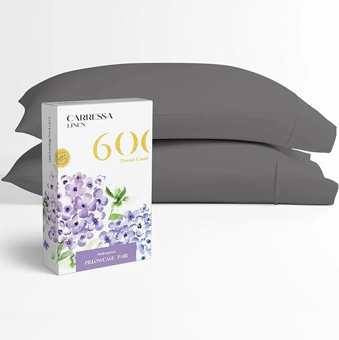 Innovative Carressa Linen Egyptian Cotton Pillow Cases Queen Size Set of 2 - Luxury 600 Thread Count Dark Grey Standard Queen Size Pillowcases Silky Soft Cooling Sateen Weave Hotel Quality Pillow Cover Stylish