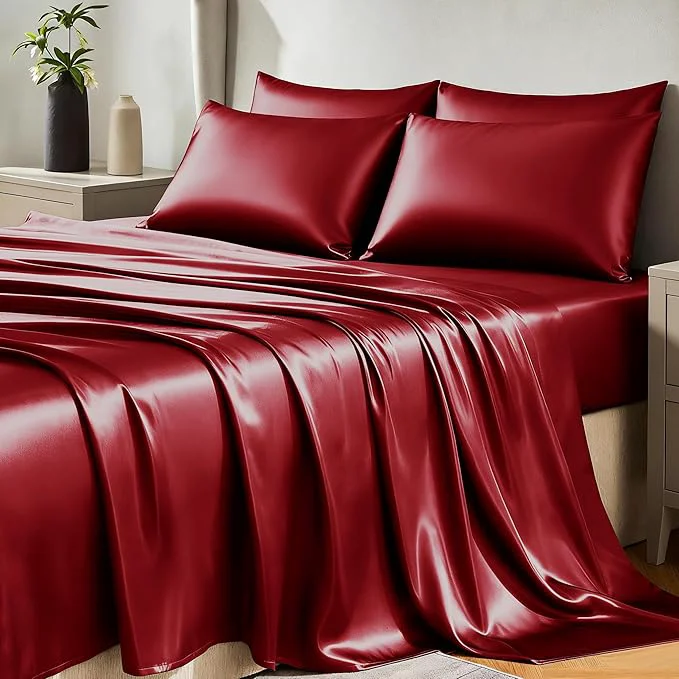 Flexible CozyLux Satin Sheets Queen Size Bed Set - 6 Piece Silky Queen Sheet Set Luxury Burgundy Queen Sheets with Smooth and Soft Microfiber Includes 1 Fitted Sheet 1 Flat Sheet and 4 Pillowcases High-Grade