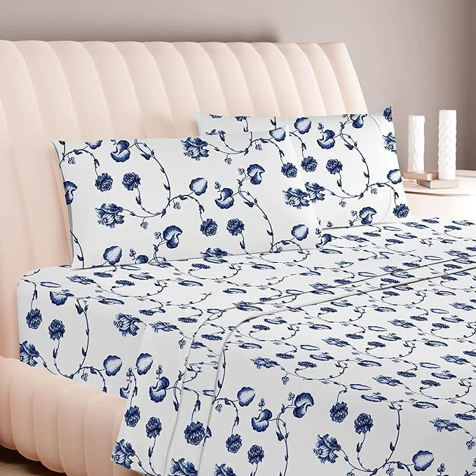 Professional Carressa Linen Luxury Egyptian Cotton Queen Printed Sheet Set - 600 Thread Count Extra Long Staple 4 PC Set Blossom Azure Queen Printed Sheets Soft Cooling Sheets Upto 18 in Deep Pocket Long-Lasting