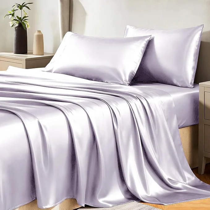 User-Friendly CozyLux Satin Sheets Queen Size Bed Set - 4 Piece Silky Queen Sheet Set Luxury Taro Purple Queen Sheets with Smooth and Soft Microfiber Includes 1 Fitted Sheet 1 Flat Sheet and 2 Pillowcases Sustainable
