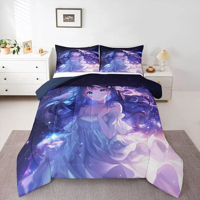 High-Performance Erosebridal Anime Girls Bedding Anime Gifts Comforter Set for Kids Purple 3D Galaxy Printing Bedding Sets Cartoon Long Curly Hair Girly Printed Comforter Kids Kawaii Japanese Girl Bed Set King Sustainable