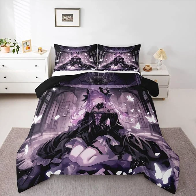 Recyclable Erosebridal 3D Girly Kids Comforter Set Japanese Girl Bedding Twin Size Anime Gifts Down Comforter Purple Dreamy Butterfly Print Duvet Set for Bedroom Healthy