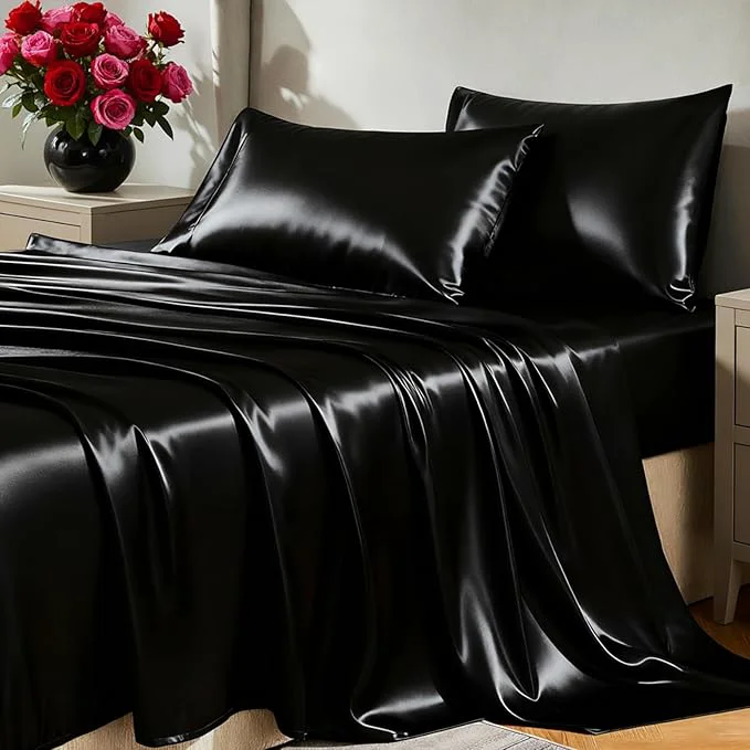 Elite CozyLux Satin Sheets Twin XL Sheets - 3 Piece Silky XL Twin Sheet Set Luxury Extra Long Black Sheet with Smooth and Soft Microfiber Includes 1 Fitted Sheet 1 Flat Sheet and 1 Pillowcase Official