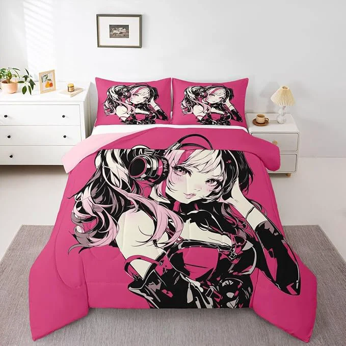 Elegant Erosebridal Pink Anime Girls Bedding Cartoon Japanes-Style Comforter Set Queen Graffiti Street Culture Bed Comforter Set for Kids Teens Youth Watercolor Hippie Style Duvet Set 3Pcs Trusted