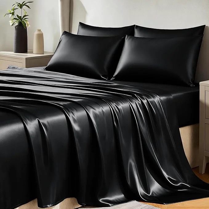 Dependable CozyLux Satin Sheets Full Size Sheets - 6 Piece Silky Full Size Bed Sheets Luxury Black Full Bed Set with Smooth and Soft Microfiber Includes 1 Fitted Sheet 1 Flat Sheet and 4 Pillowcases Responsible