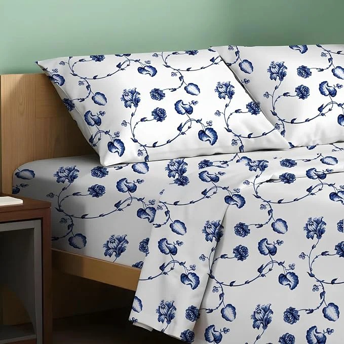 Innovative TEXAS LINEN CO. Organic Cotton Printed Sheets Full Size - 4 PC Organic Cotton Percale Sheets Full Set Floral Blue Cooling amp Breathable Sheet 16 quot Deep Pocket Hotel Bedding - GOTS Consistent