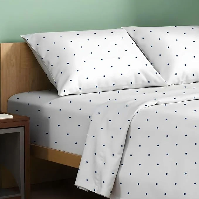 Elite TEXAS LINEN CO. Organic Cotton Printed Sheets Queen Size - 4 PC Organic Cotton Percale Sheets Queen Set Polka Dot - Navy Cooling amp Breathable Sheet 16 quot Deep Pocket - GOTS Soft