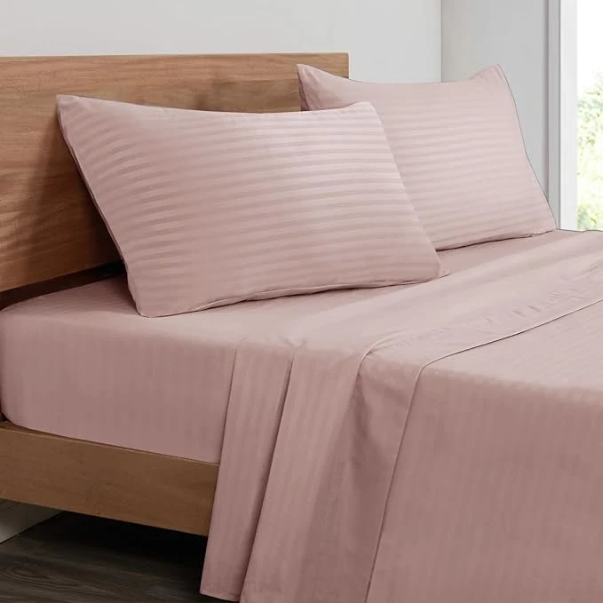 Advanced Mejoroom Striped King Size Bed Sheet Set - Hotel Luxury 1800 Bedding Sheets amp Pillowcases - 16 quot Deep Pocket Fitted Sheet Soft Breathable Wrinkle amp Fade Resistant - 4 Piece 02-Dusty Pink Minimalist