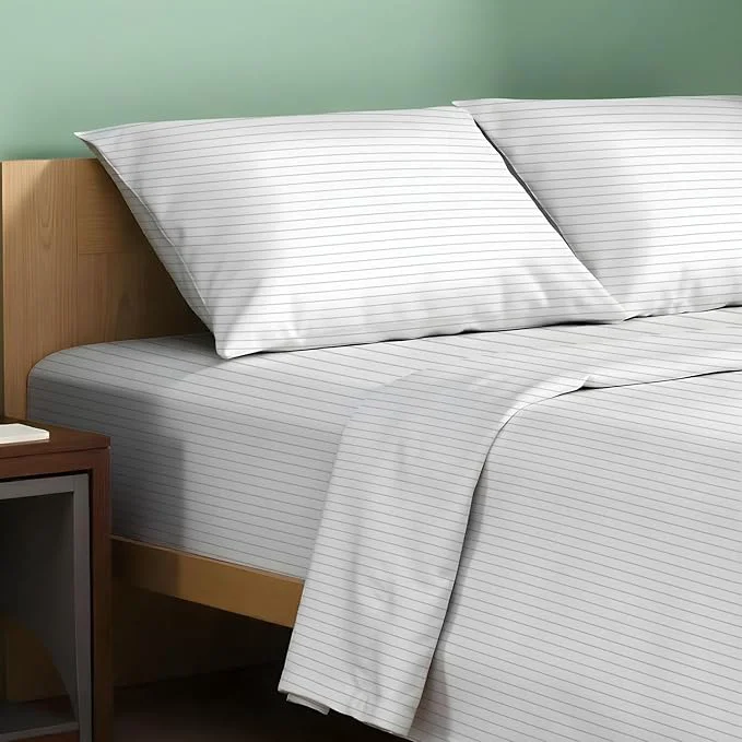 Casual TEXAS LINEN CO. Organic Cotton Printed Sheets Queen Size - 4 PC Organic Cotton Percale Sheets Queen Set Pinstripe - Light Grey Cooling amp Breathable Sheet 16 quot Deep Pocket - GOTS Safe