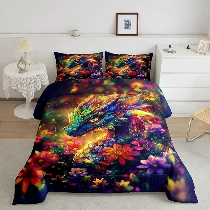 Minimalist Feelyou Dragon Comforter Set Full Size Shiny Dragon Comforter for Boys Girls Teens Wild Life Bedding Set Dragon Decor Duvet Set Room Decor Muticolor Quilt Set Outstanding