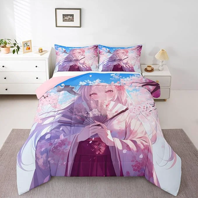 Authentic Erosebridal Japanese Style Girl Comforter Set Cartoon Anime Girl Bedding Japanese Cherry Blossoms Bed Comforter Set Romance Room Decor Cartoon Kawaii Girly Bedding Sets King Size 3 Pieces Efficient
