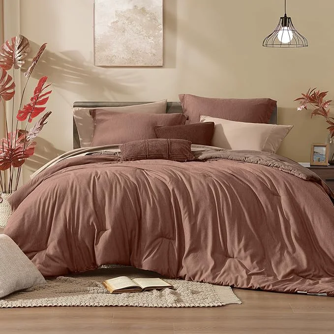 Eco-Friendly Monbix Queen Comforter Set - 7 Pieces Cationic Dyeing Terracotta Bed in a Bag Queen Bedding Sets with Comforter Sheets Pillowcases amp Shams Reversible Bedding Comforters Sets World-Class