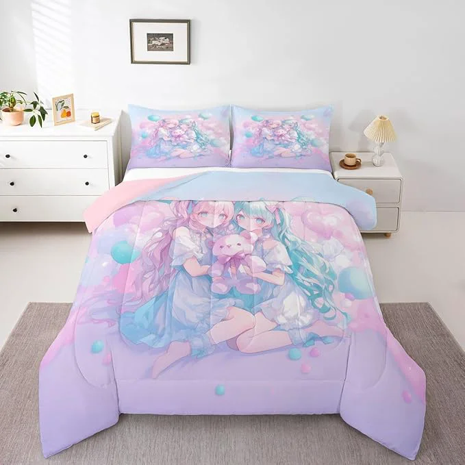 Clean Erosebridal Anime Girl Kids Bedding Girly Friendship Comforter Sets King Fantasy Dreamy Girls Comforter Romance Ballons Duvet Insert with 2 Pillow Cases Sustainable