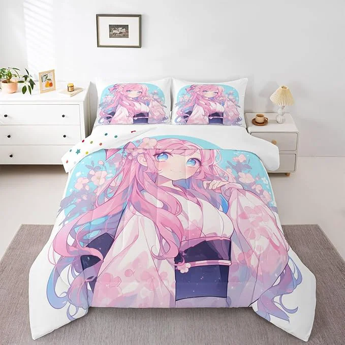Organic Erosebridal Girls Bedding Japanese Style Comforter Set Queen 3D Anime Girl Duvet Insert Cartoon Kawaii Kimono Girl Bedding Comforter Sets Romantic Gifts for Her Trusted