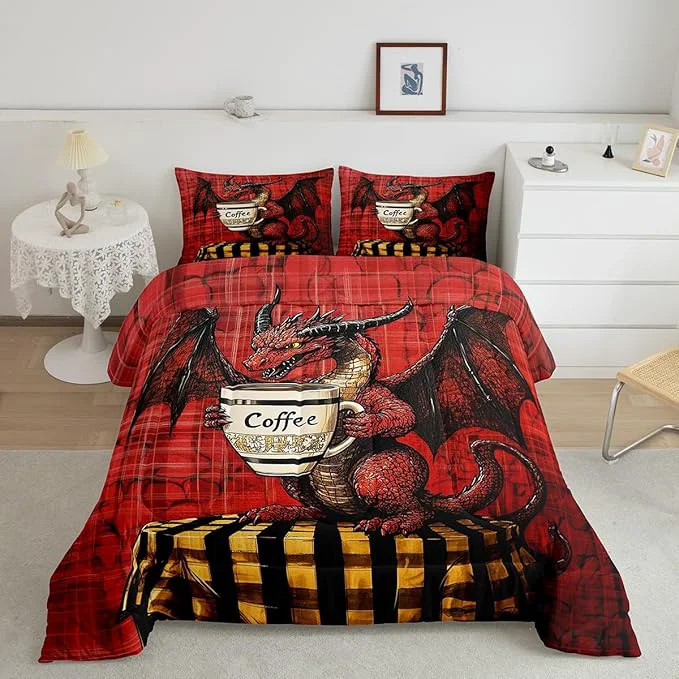 Advanced Feelyou Dragon Comforter Set Toddler Size Dragon Stuff Comforter for Boys Girls Teens Wild Life Bedding Set Coffee Duvet Set Room Decor Red Quilt Set Efficient