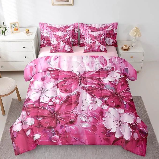 Secure Erosebridal Girls Hot Pink Butterfly Bedding Sets Twin 7 Piece White Flowers Oil Painting Boho Kids Comforter Set Retro Aesthetics Bohemian Butterfly Bed in A Bag Floral Butterfly Sheet Set Casual