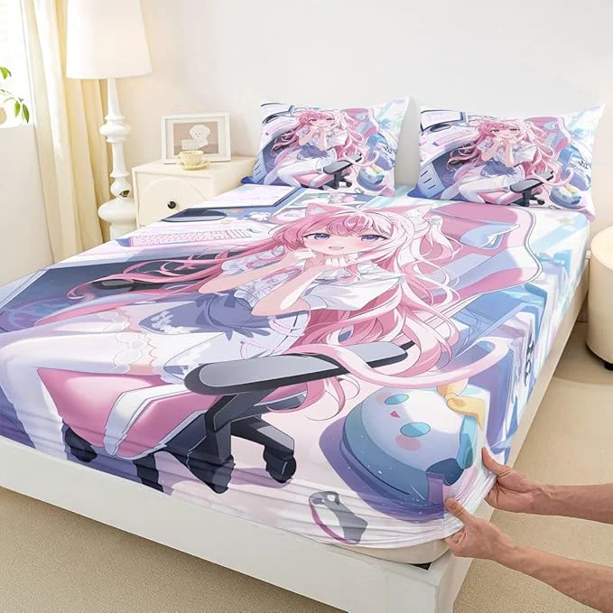 Excellent Erosebridal Kawaii Japanese Girl Fitted Sheet for Boys Girls Kids Cartoon Anime Queen Bed Sheets Girls Gamer Sheets 3D Japanese Style Bedding Sets No Top Sheet Specialty