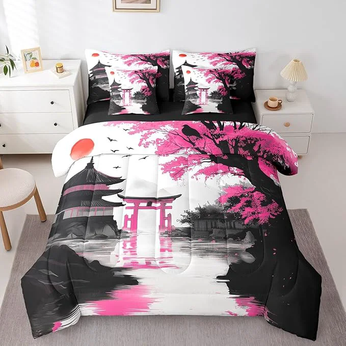 World-Class Erosebridal Japanese King Comforter Set 7 Piece Sun Cherry Blossom Bedding Set for Teen Girls Women Watercolor Pink Black Mountain Sakura Floral Bed in A Bag Asian Chinese Ink Anime Sheet Set Convenient