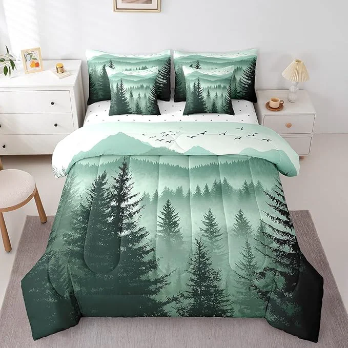 High-Quality Erosebridal Olive Green Full Comforter Set with Sheets 7 Piece Mountain Pine Tree Forest Bed in A Bag Rustic Woodland Nature Landscape Bedding Sets for Kids Adults Soft Lightweight Bed Set Fine Crafted