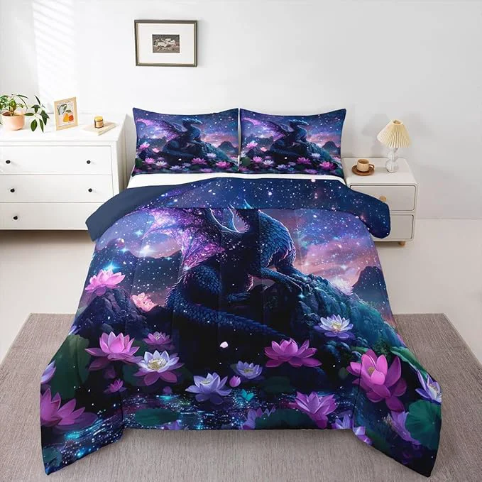 Artisan Feelyou Dragon Kids Comforter Set Full Size Dragon Stuff Bedding Set Wild Life Duvet Quilt for Kids Boys Girls Bedroom Wildlife Decor Blue Purply Ultra Soft Breathable Top-Quality
