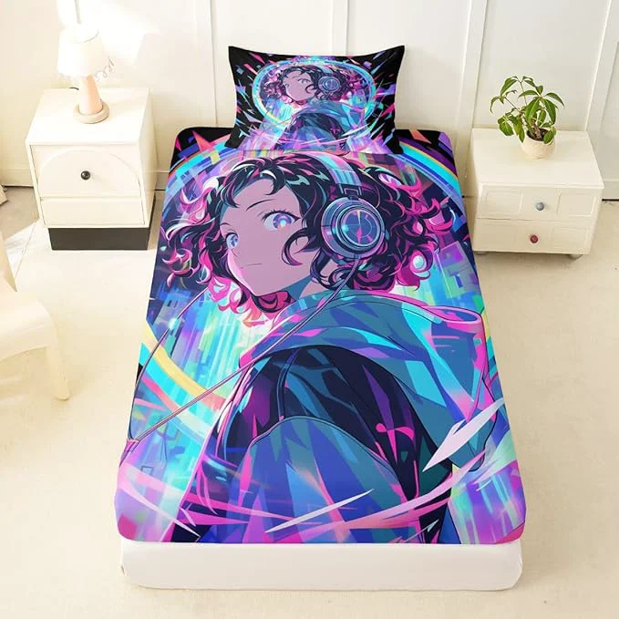 Long-Lasting 3D Anime Girl Bed Sheets American Street Culture Fitted Sheet Twin for Teens Youth Girls Watercolor Graffiti Style Bedding Set Galaxy Stars Print Sheets with 1 Pillow Case No Flat Sheet Effective