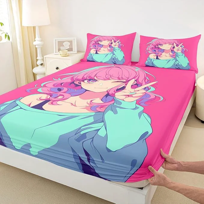 Lightweight Japanese Anime Bedding Set 3D Anime Girl Fitted Sheet Kawaii Japanese Style Bed Sheets Cartoon Uniform Girl Sheets Hot Pink Room Decor Twin 2Pcs 1 Fitted Sheet 1 Pillowcase No Top Sheet Premium Material