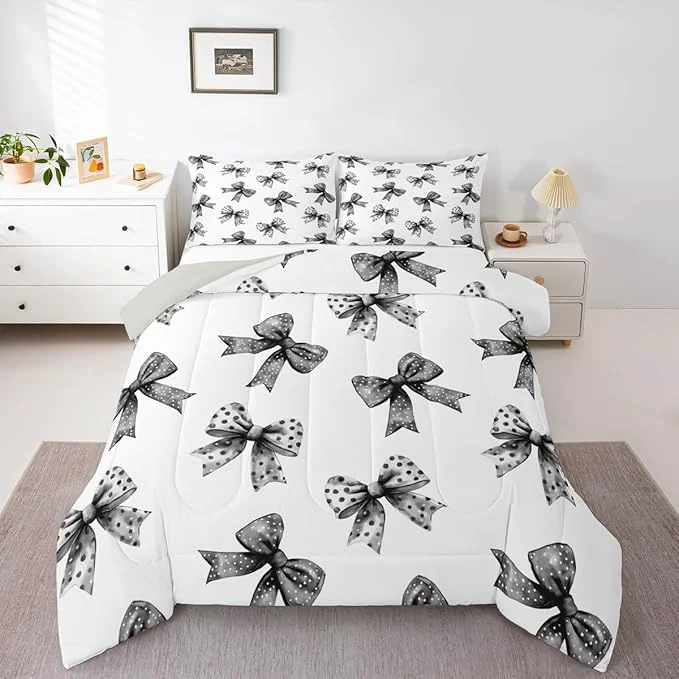 Functional Erosebridal Bow Kids Comforter Set Ribbon Black Bow Bedding Full Size Coquette Bowknot with Dots Down Comforter Dreamy Princess Bowtie Duvet Set for Bedroom High-Quality