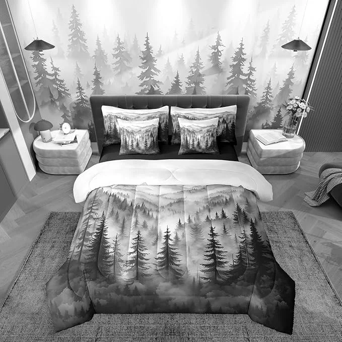 Official Erosebridal Grey Forest Queen Comforter Set 7 Piece Rustic Woodland Pine Tree Bedding Set for Kids Boys Adults Men Jungle Smoky Mountain Bed in A Bag Retro Natural Landscape Sheet Set with Comforter Efficient