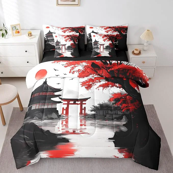 Luxury Erosebridal Japanese Queen Comforter Set with Sheets 7 Piece Sun Cherry Blossom Bedding Set for Girls Women Watercolor Black Red Mountain Sakura Floral Bed in A Bag Asian Chinese Ink Sheet Set Proven