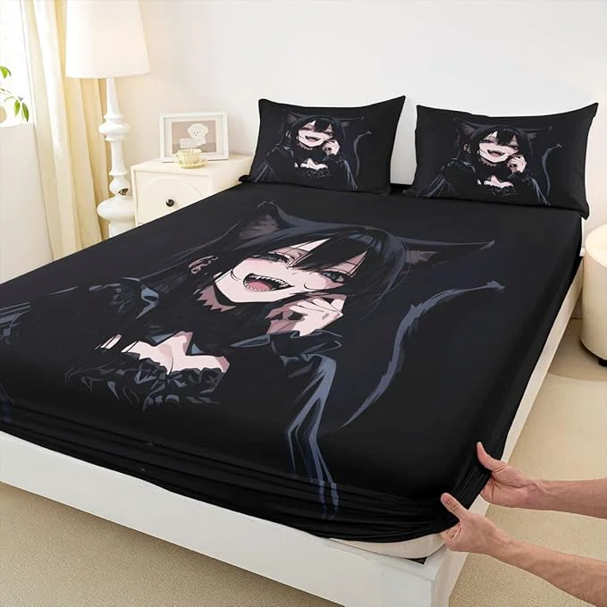 Proven Erosebridal Anime Girl Full Bed Sheets for Kids Boys Girls 3D Japanese Fitted Sheet Gothic Style Cat Girls Bedding Sets Cool Anime Gift Sheets with 2 Pillowcases Pure