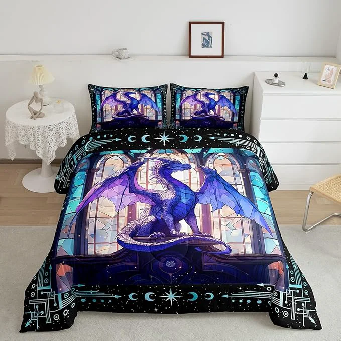Crafted Feelyou Dragon Comforter Set Toddler Size Dragon Stuff Comforter for Boys Girls Teens Modern Bedding Set Dragon Decor Duvet Set Room Decor Purple Quilt Set Outstanding