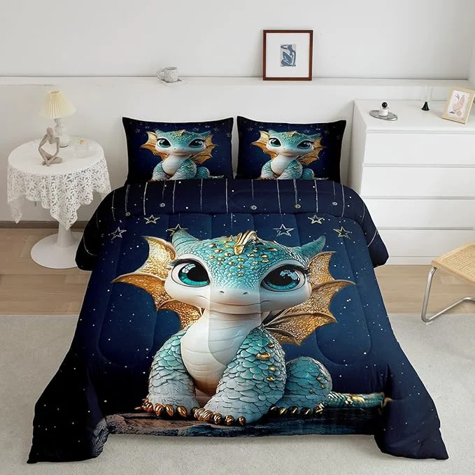Fashionable Feelyou Dragon Comforter Set Full Size Dragon Stuff Comforter for Boys Girls Teens Wild Life Bedding Set Dragon Decor Duvet Set Room Decor Navy Blue Quilt Set Fine