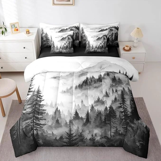 Reliable Erosebridal Black Gray Misty Forest Queen Comforter Set with Sheets 7 Piece Grey White Foggy Mountain Bed in A Bag Rustic Woodland Pine Trees Bedding Sets for Kids Adults Watercolor Nature Bed Set Quality